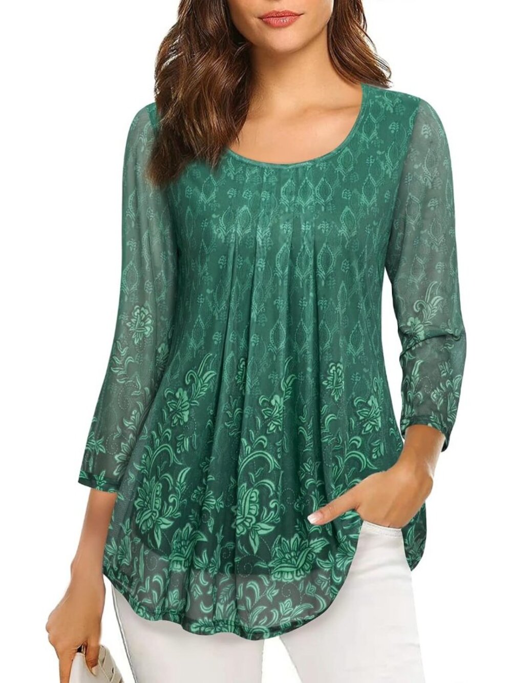 Floral 3/4 Sleeve Tunic Top - Casual Loose Fit Pleated Layered Blouse for Women